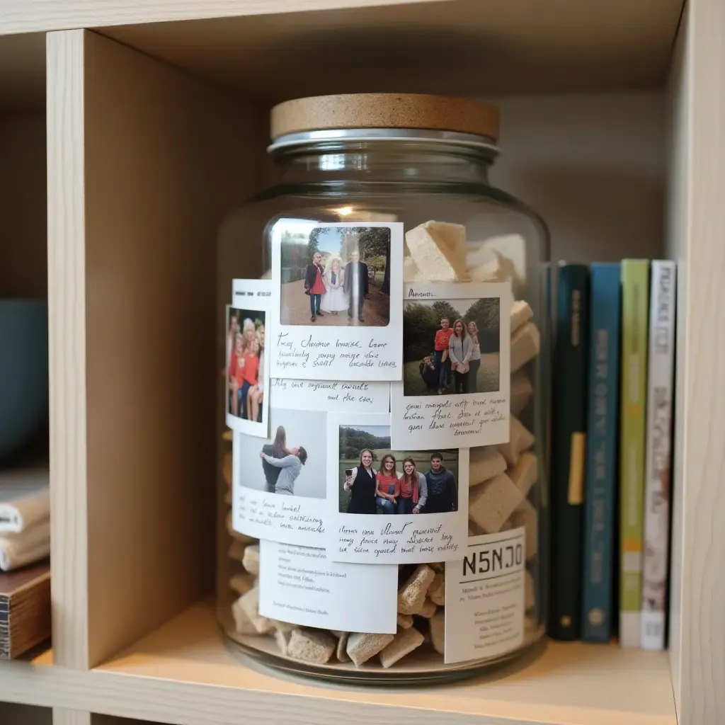 a photo of a memory jar with photos and notes displayed on a shelf