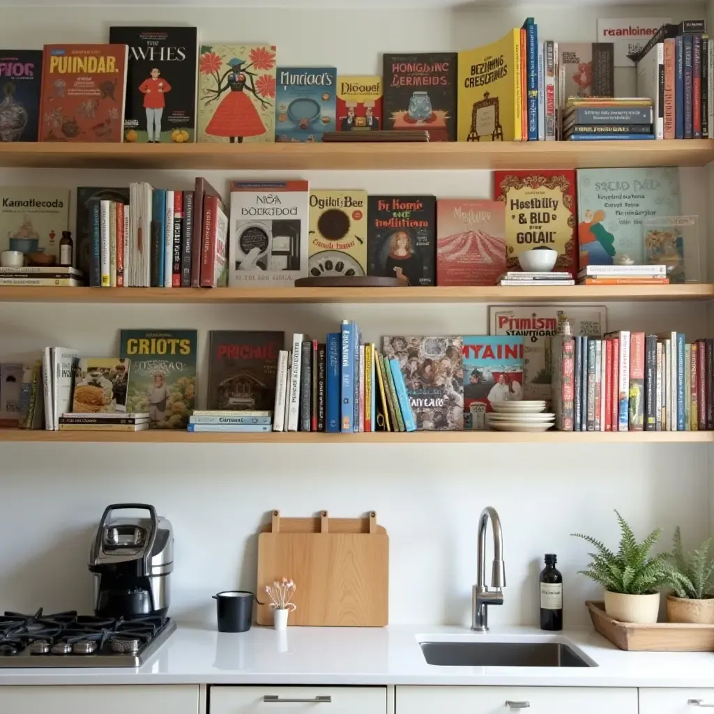 a photo of open shelving featuring a vibrant display of cookbooks and kitchen gadgets