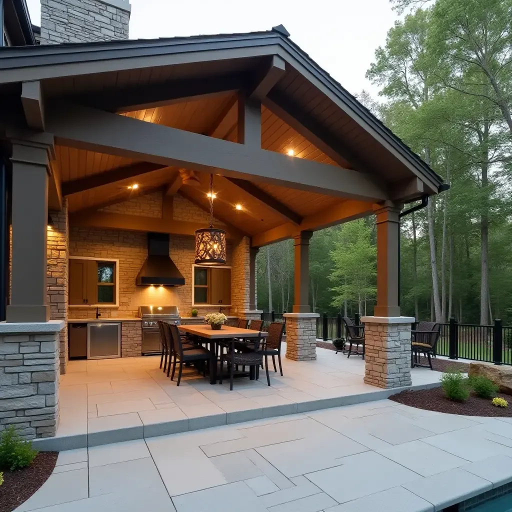 a photo of a detached covered patio featuring an outdoor kitchen and dining area