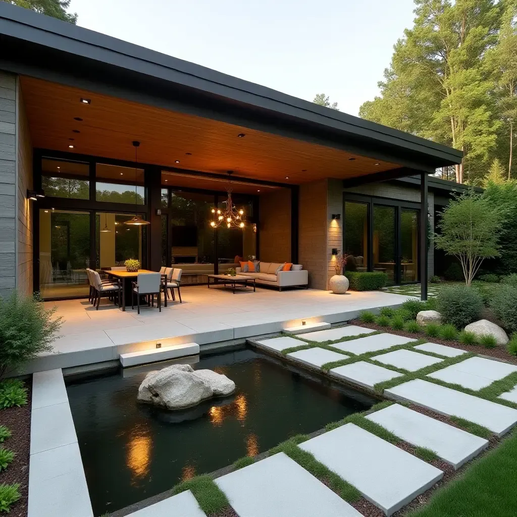 a photo of a detached covered patio with a water feature and zen garden