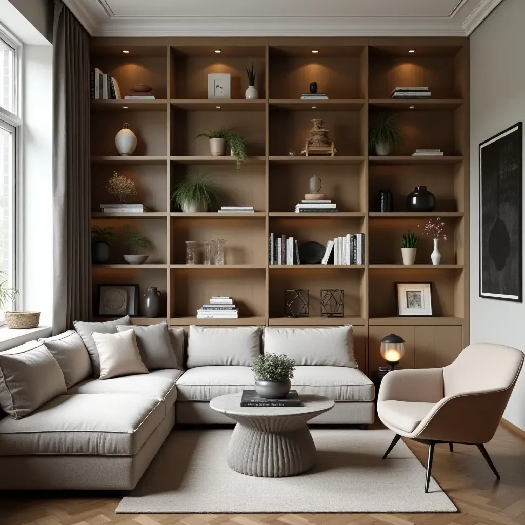 a photo of a small living room with a stylish bookshelf filled with curated decor items