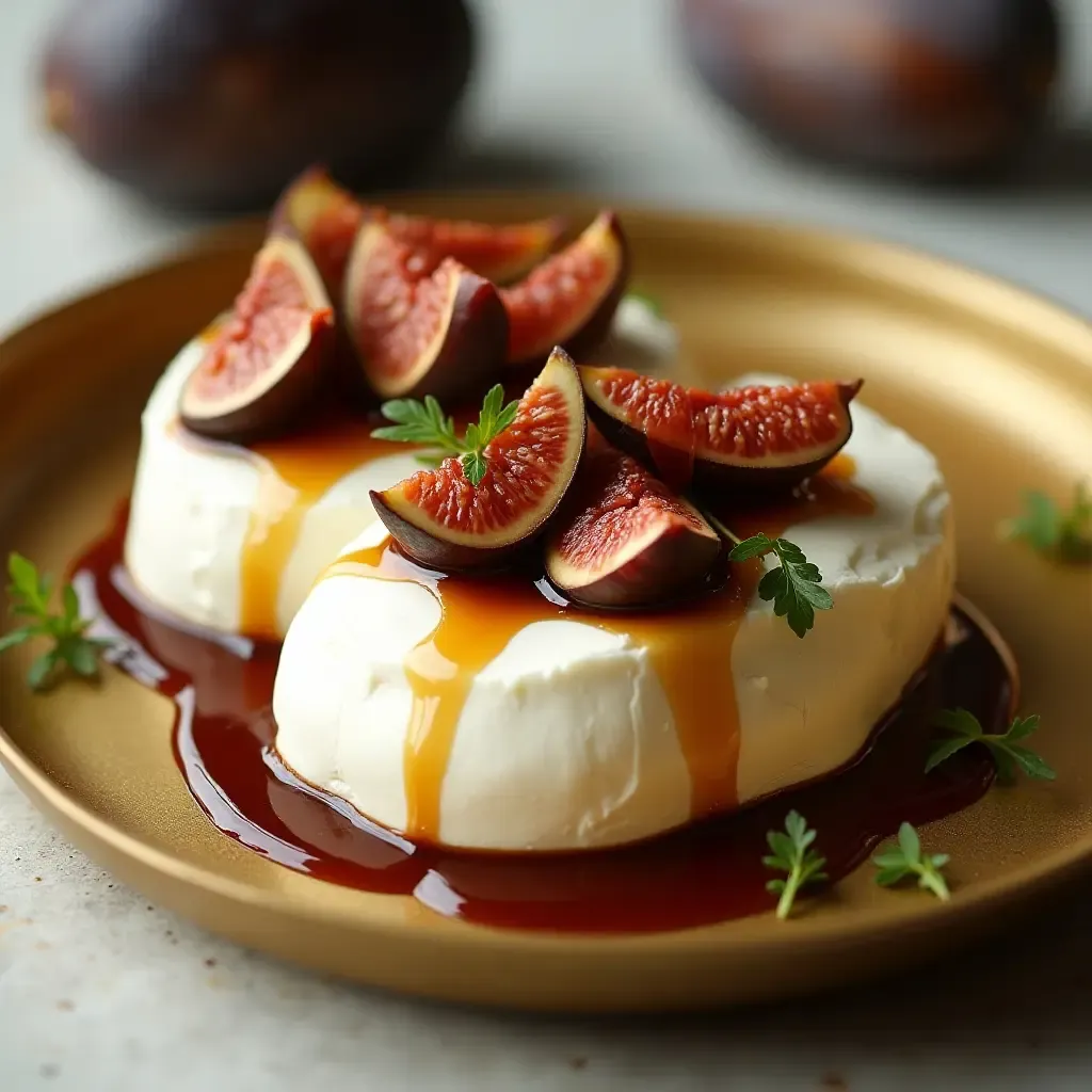 a photo of ricotta cheese with figs and balsamic glaze on a golden tray.