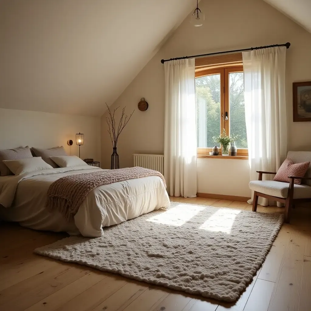 a photo of a cozy knitted rug in a warm, inviting bedroom