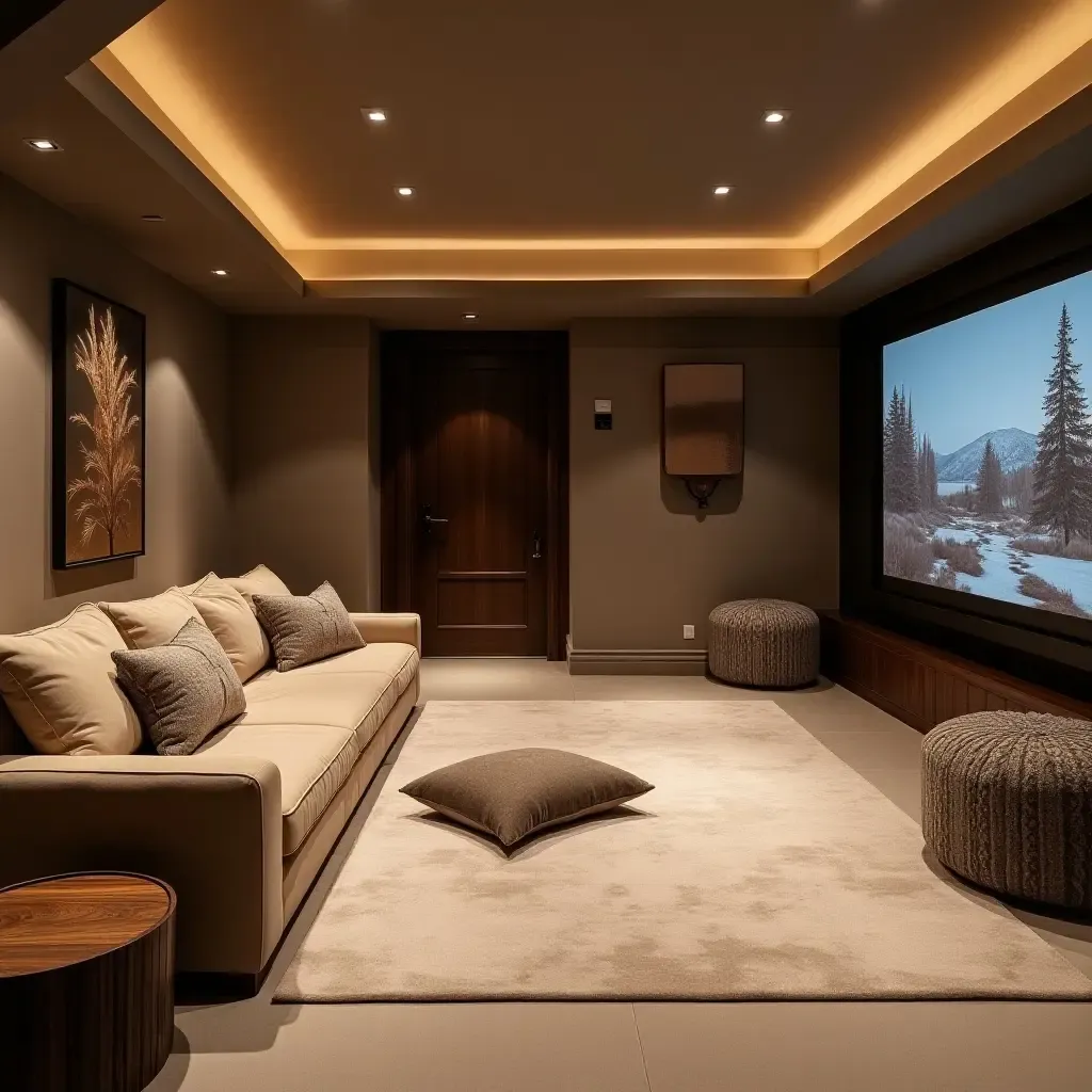 a photo of a basement entertainment room with oversized throw pillows on the floor