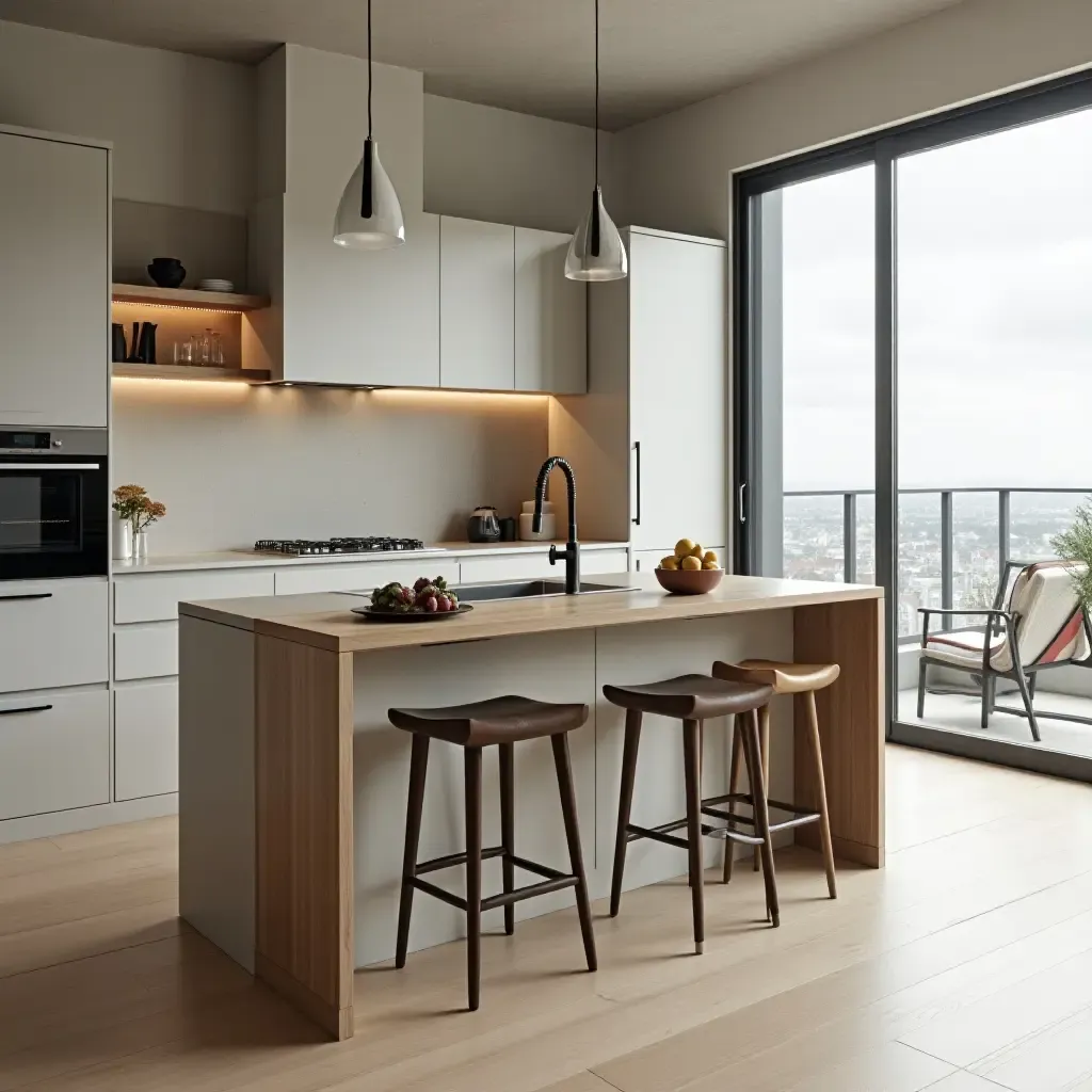 a photo of a compact urban kitchen island with modern bar stools and storage