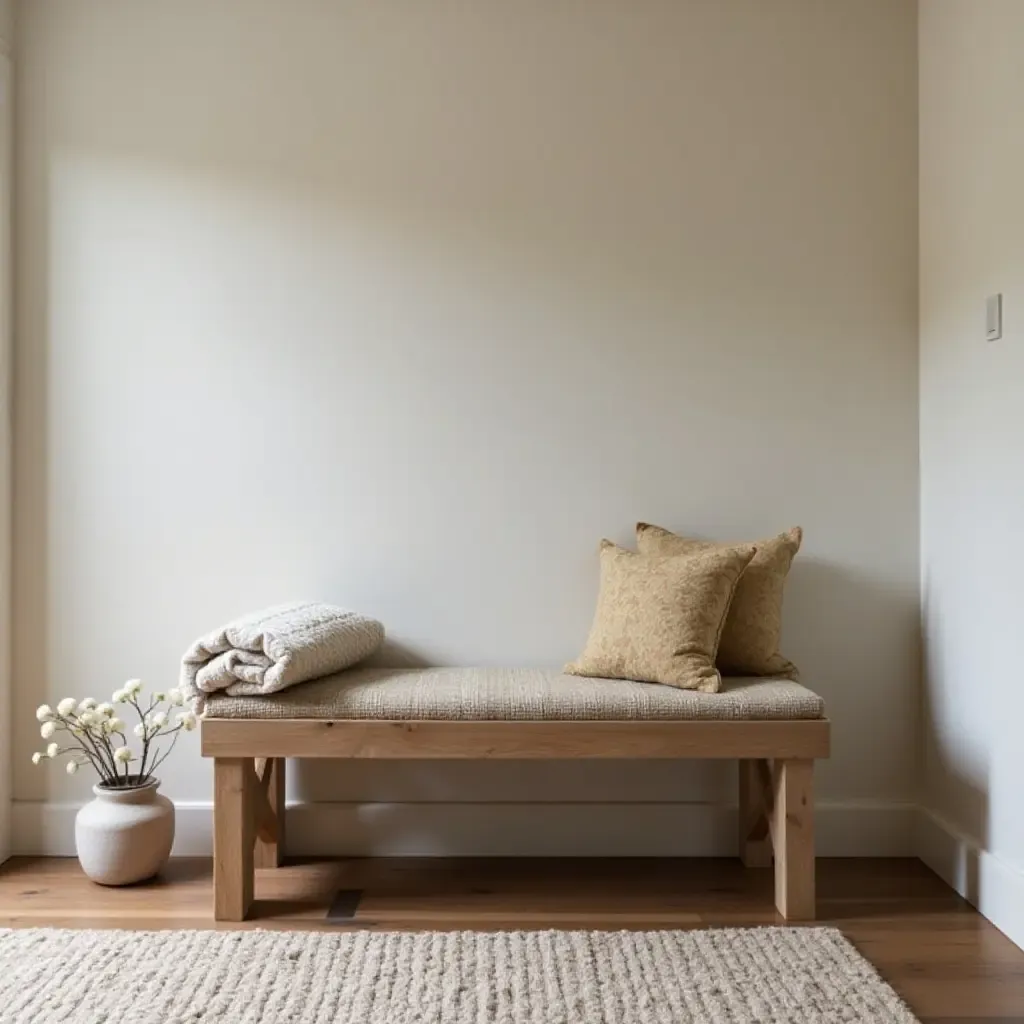 a photo of a rustic wooden bench in a basement entryway