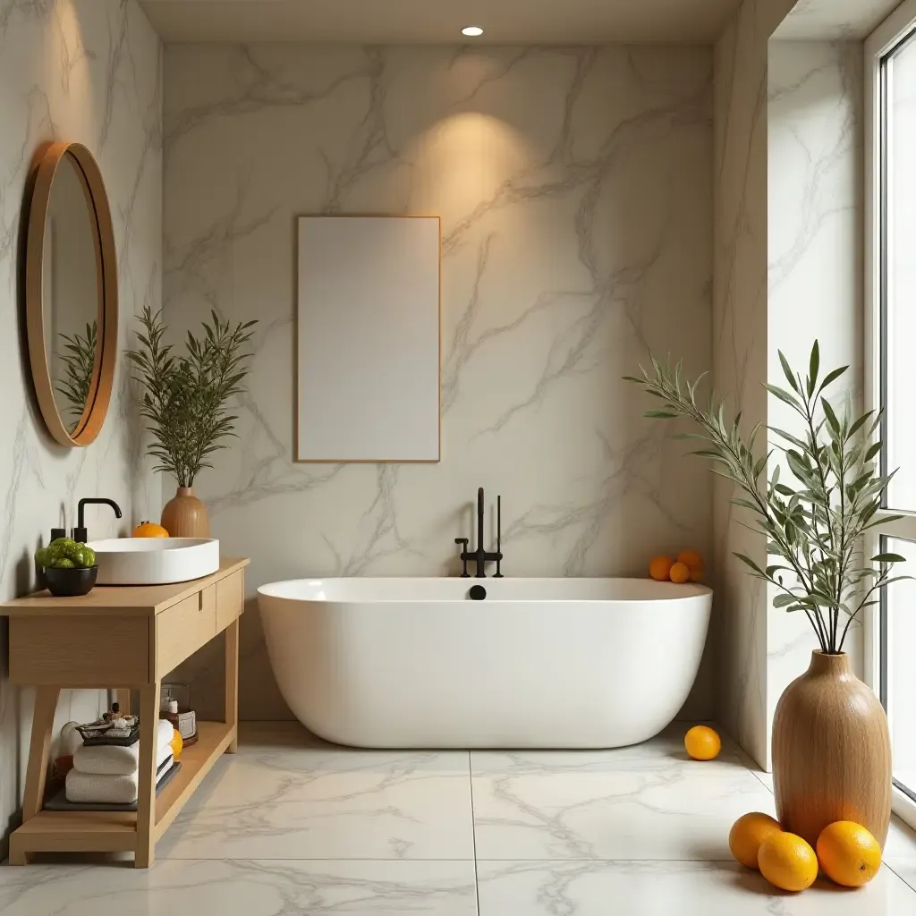 a photo of a bathroom adorned with olive branches and citrus fruits