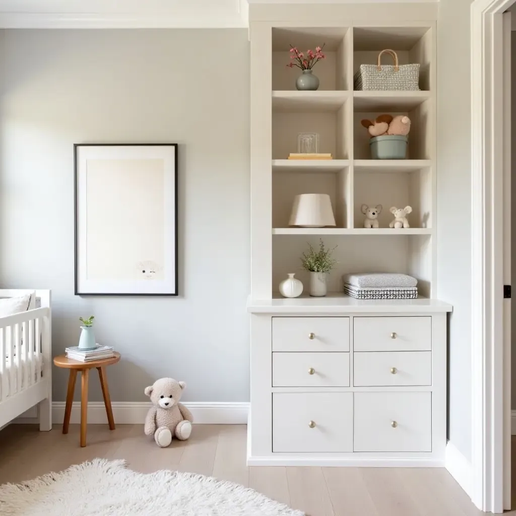 a photo of a nursery with a chic play area and stylish storage solutions