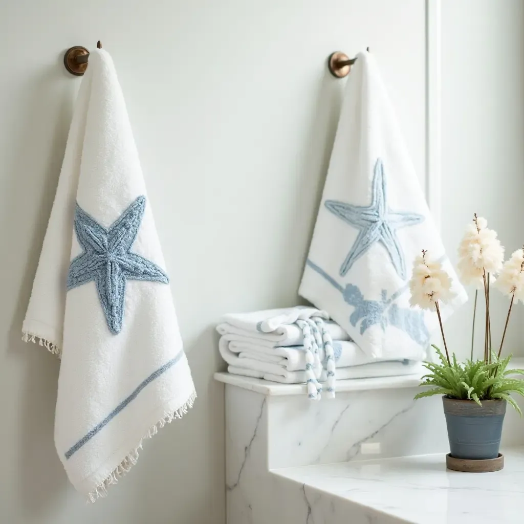 a photo of beach-themed towels complementing a coastal bathroom