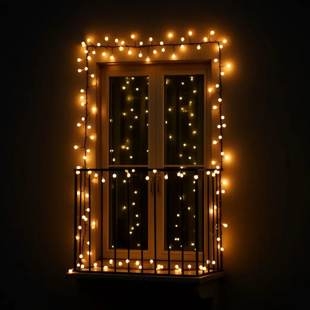 a photo of a balcony wall adorned with fairy lights