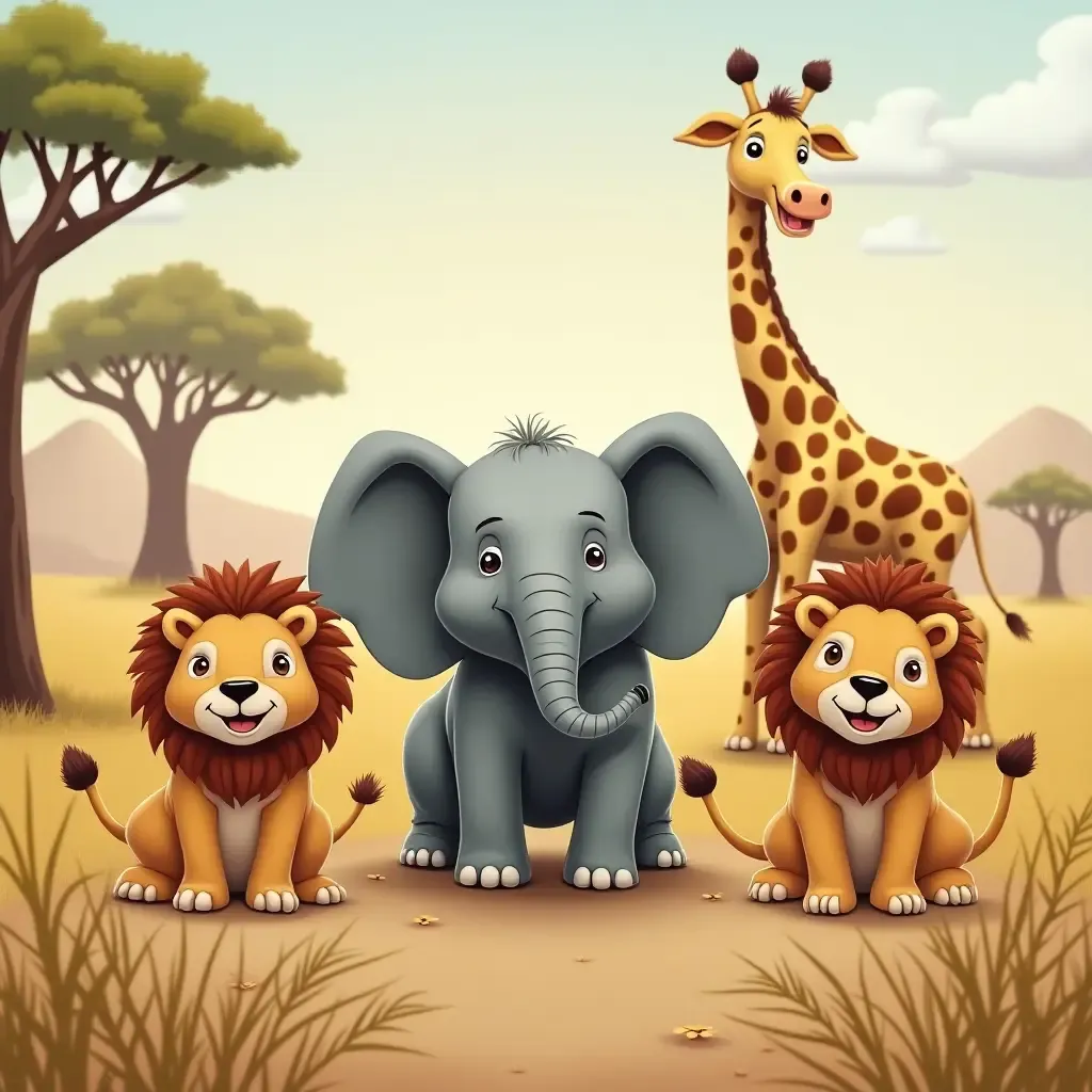 a photo of a playful safari scene with lions, elephants, and giraffes