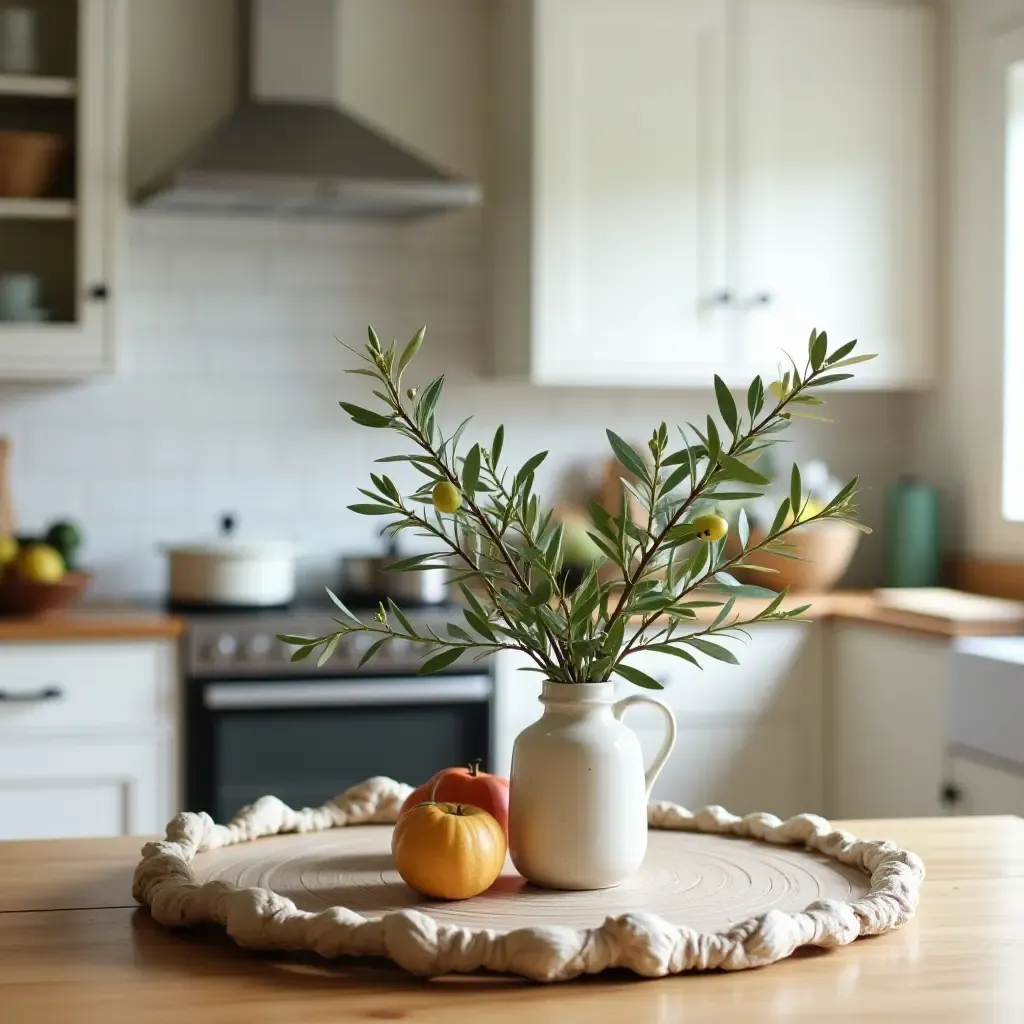 a photo of a kitchen with a decorative olive branch centerpiece