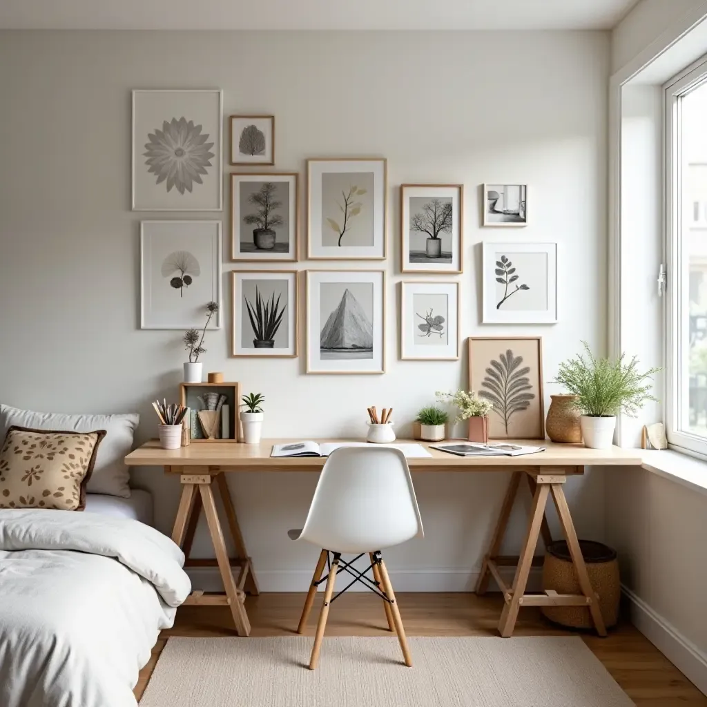 a photo of a creative workspace in a bedroom with a gallery wall of art supplies