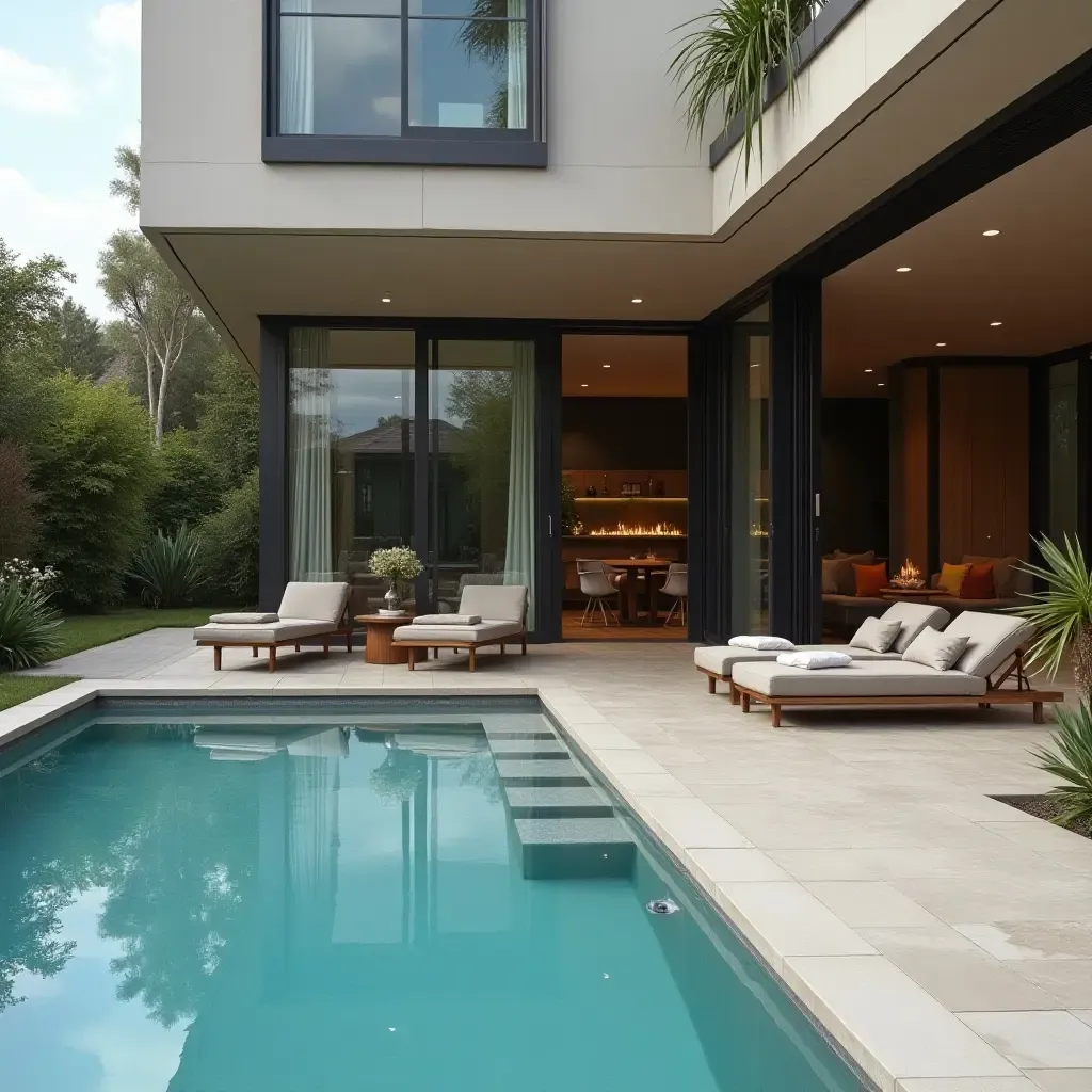 a photo of a sleek modern pool area with stylish storage