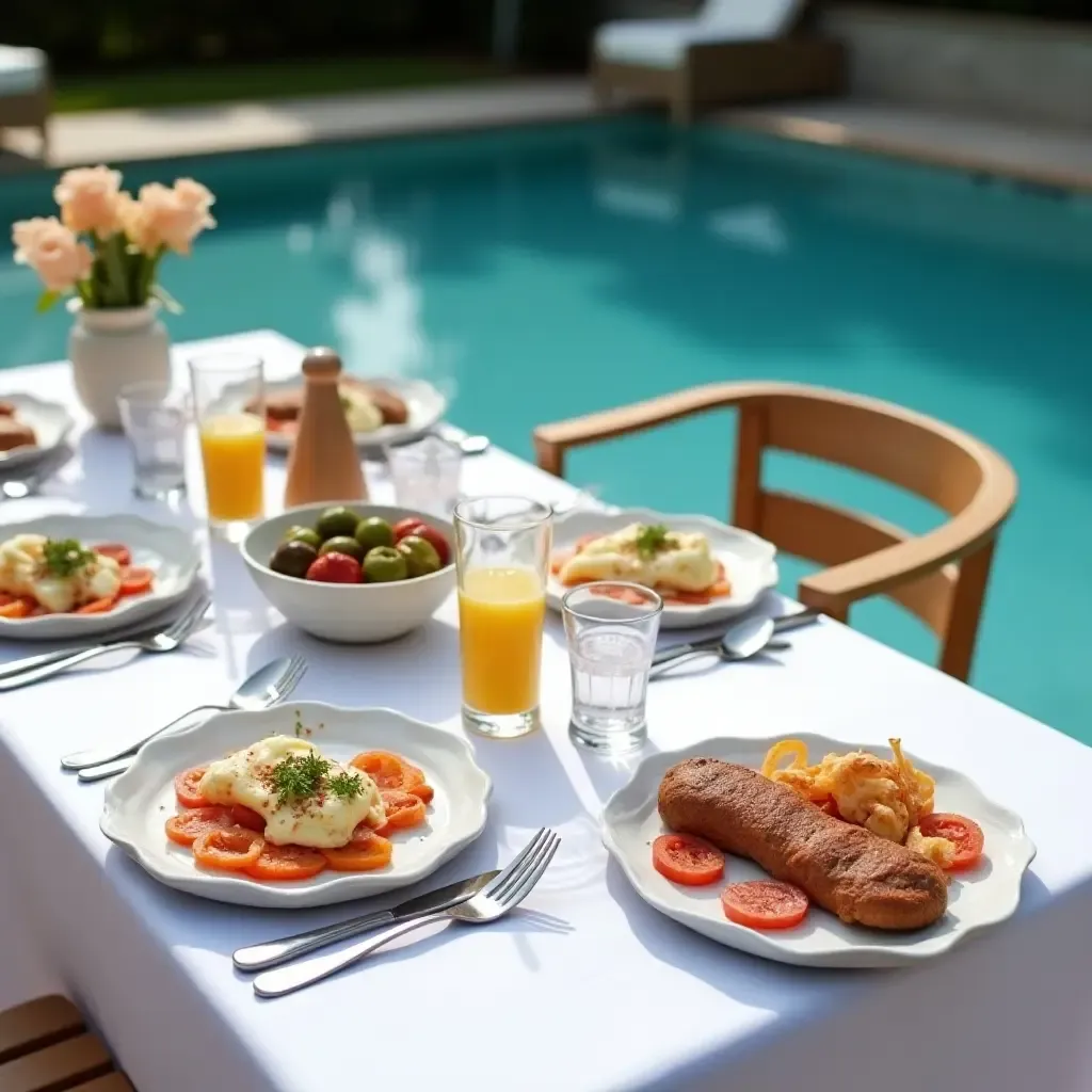 a photo of a beautifully set poolside brunch table with elegant dishes