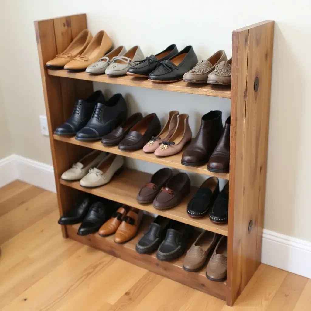 a photo of a DIY shoe rack made from reclaimed wood