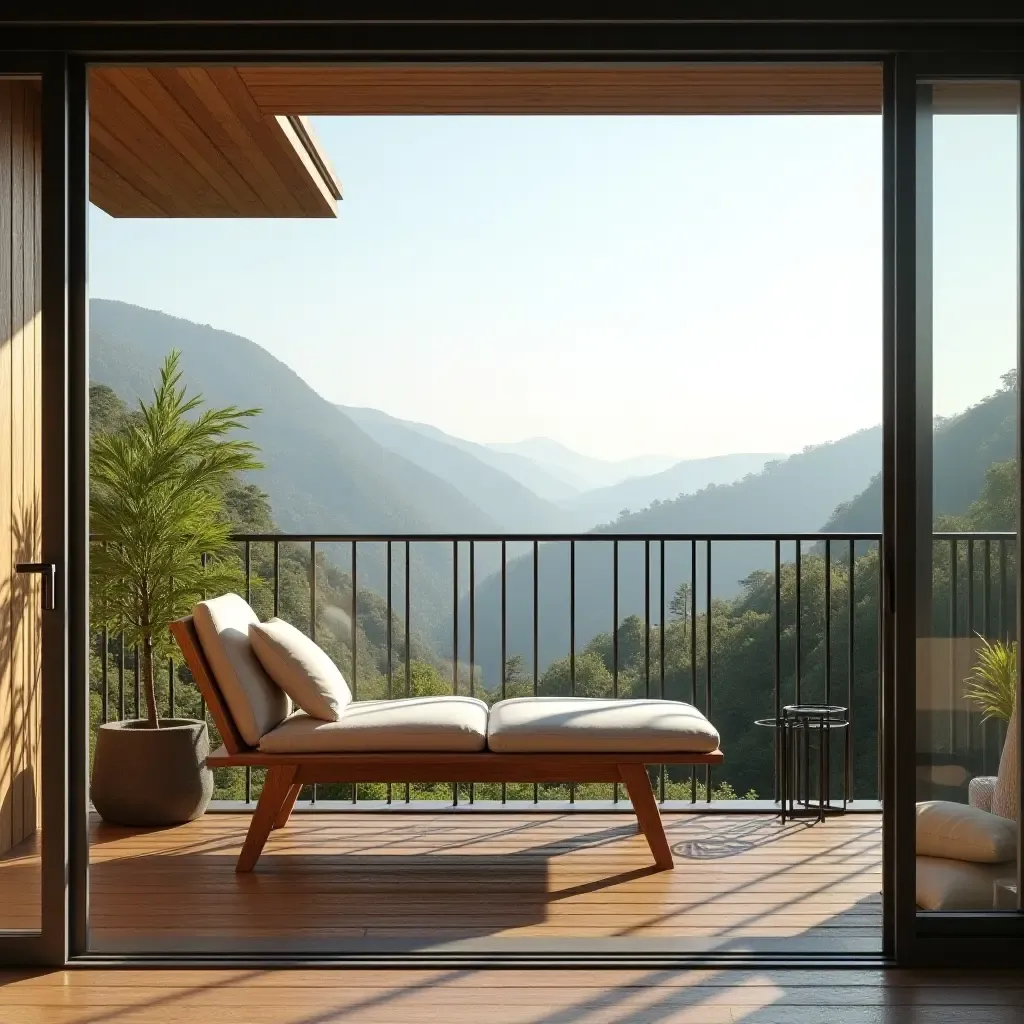 a photo of a balcony with a wooden bench and beautiful views