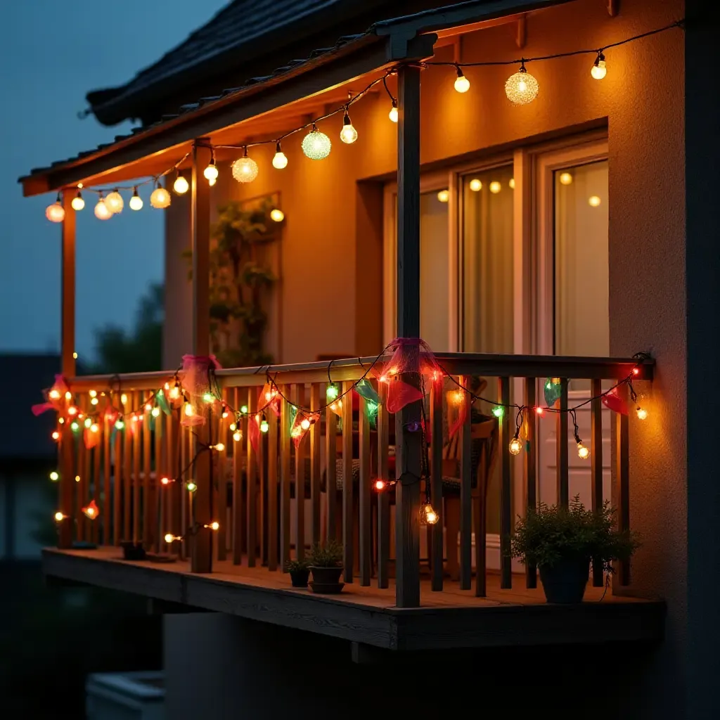 a photo of a balcony adorned with retro string lights and colorful bunting