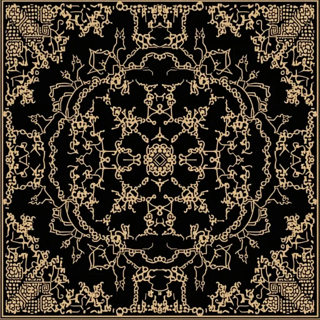 a photo of a stylish black and gold patterned rug