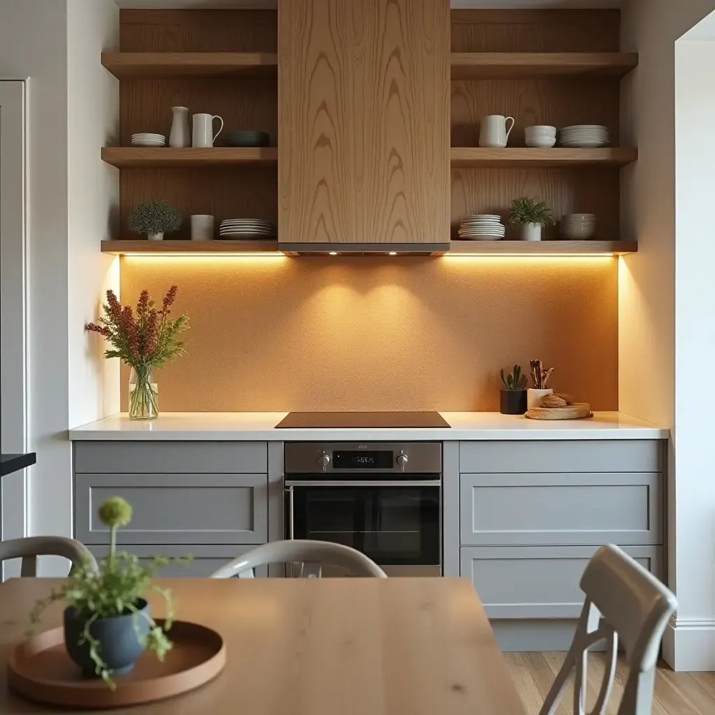 a photo of a unique cork backsplash adding warmth to a cozy kitchen