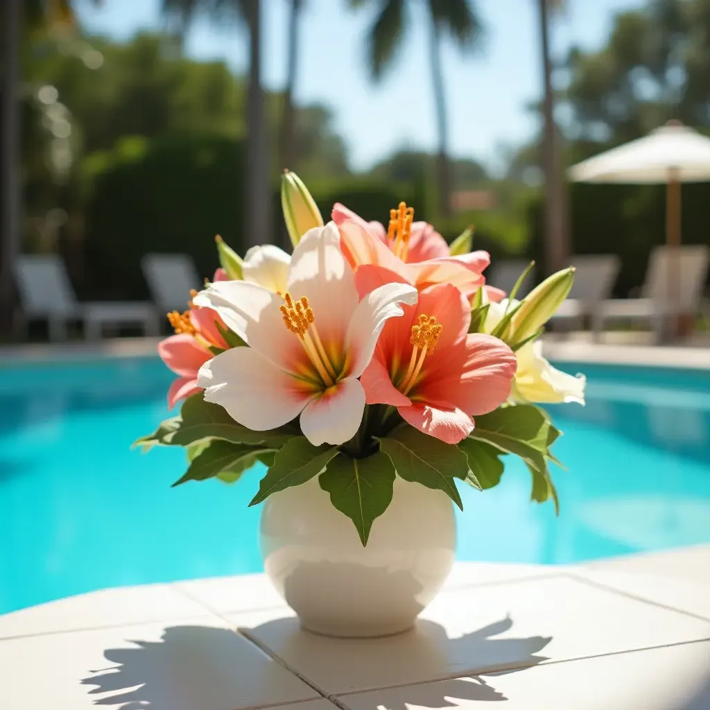 a photo of a charming flower arrangement on a poolside table