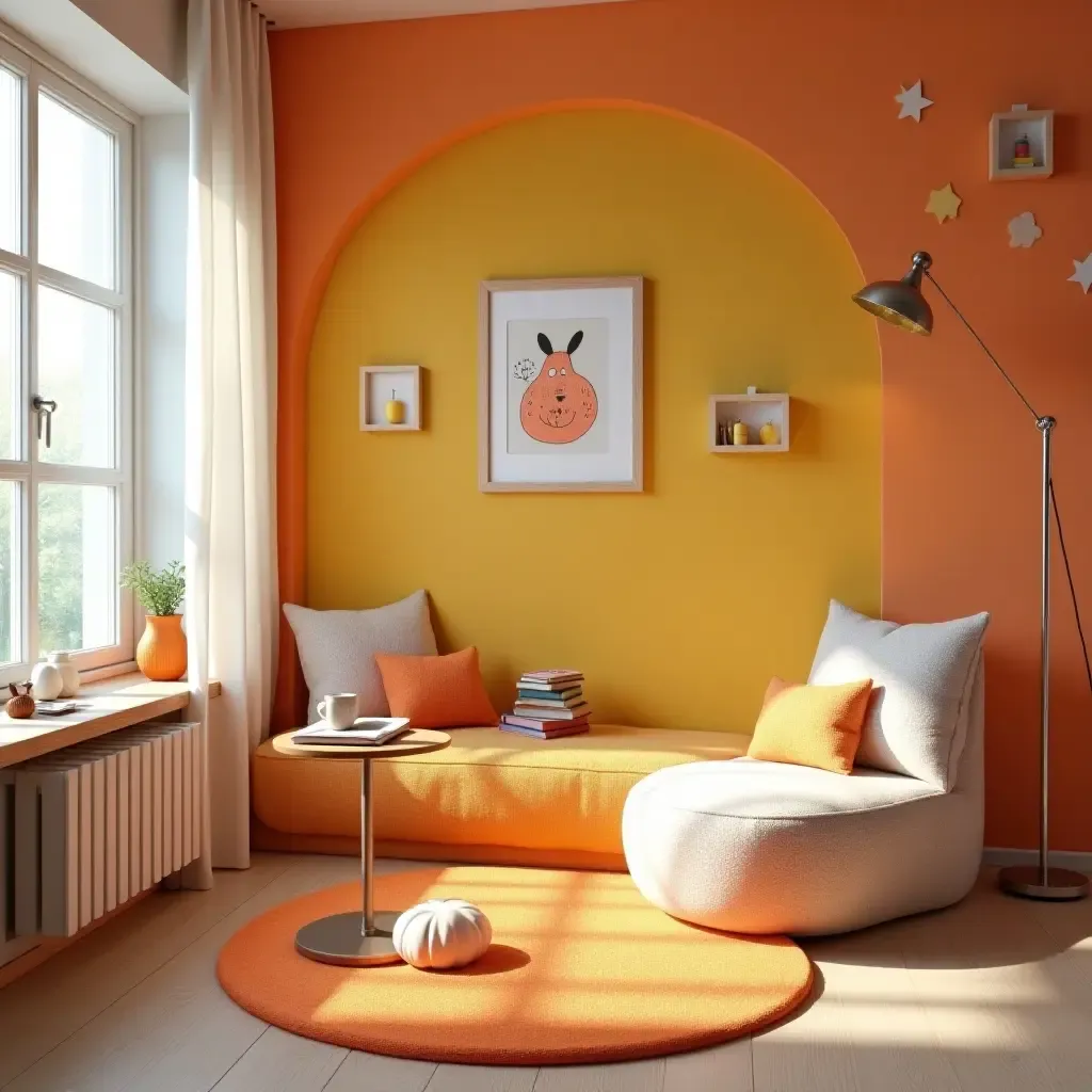 a photo of a reading nook with a playful design and bright colors