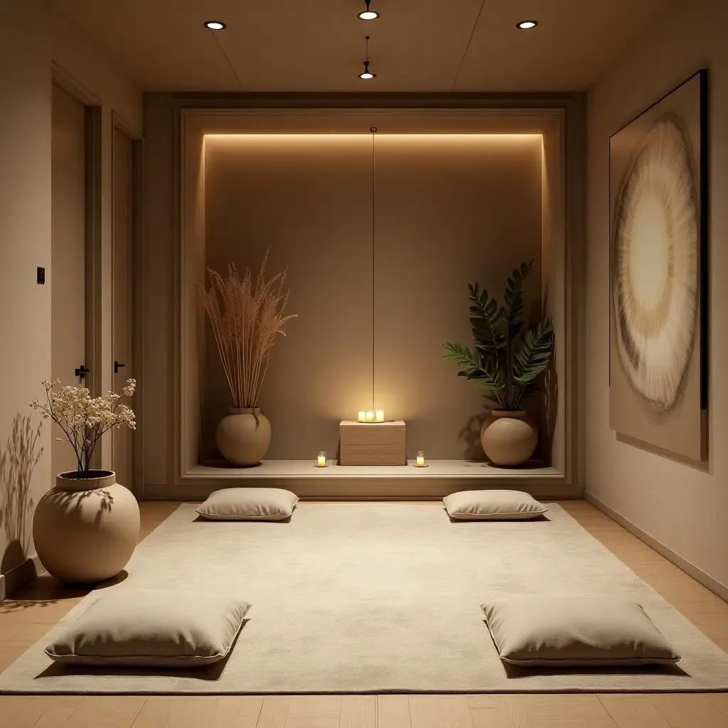 a photo of a sophisticated basement meditation space with calming elements and decor