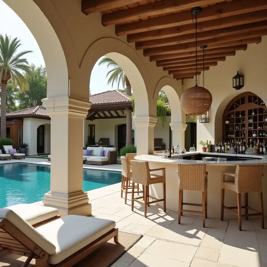 a photo of a Mediterranean-inspired outdoor bar with a poolside view