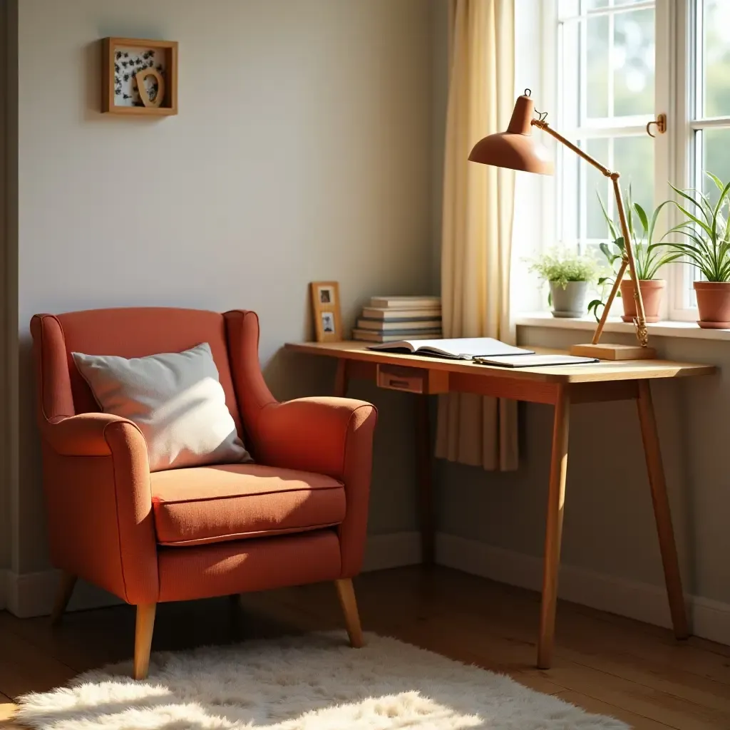 a photo of a retro armchair beside a teen&#x27;s study desk