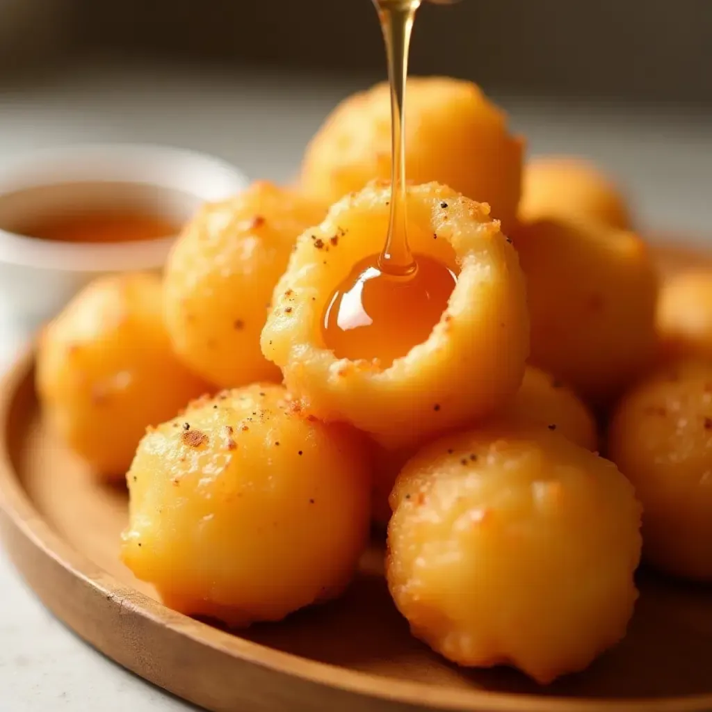 a photo of golden zeppole drizzled with honey and sprinkled with cinnamon, arranged on a wooden tray.