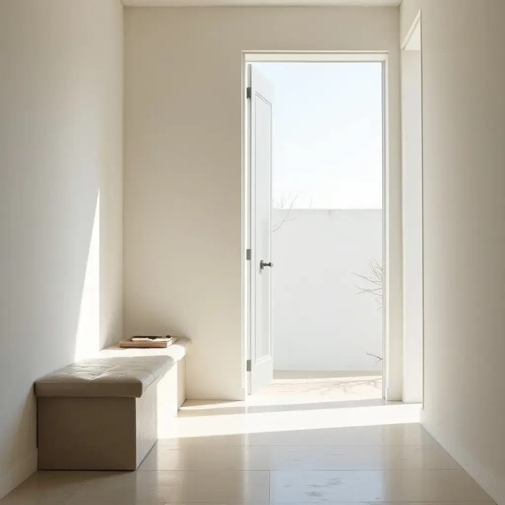 a photo of a minimalist entrance area with a simple bench and natural light