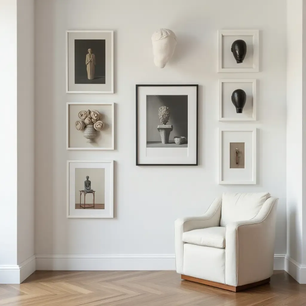 a photo of a gallery wall with abstract sculptures and framed art