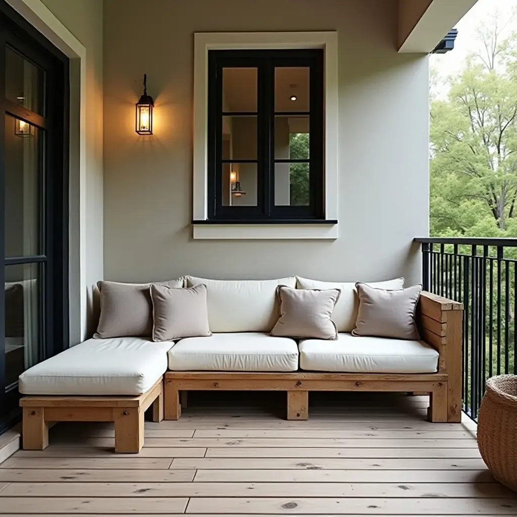 a photo of a balcony with a DIY pallet sofa and cushions