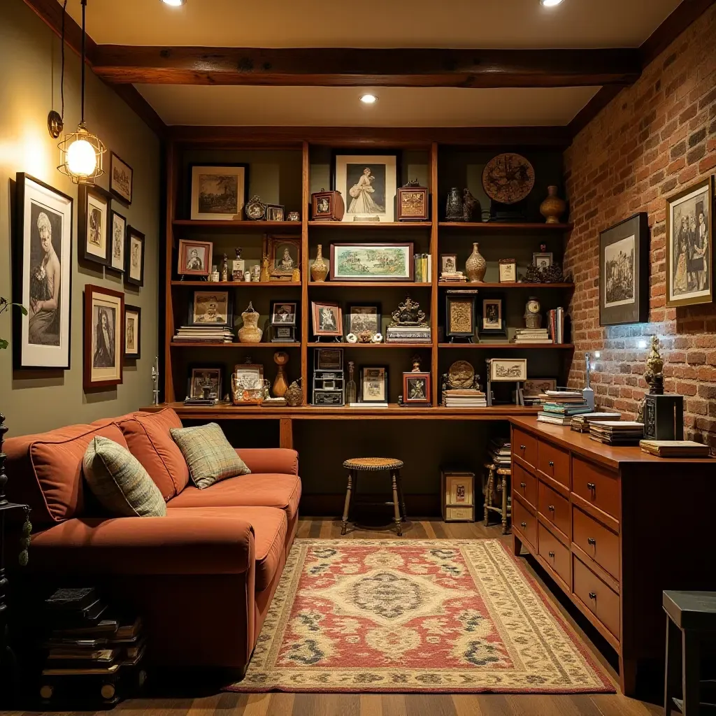 a photo of a basement with a vintage toy collection displayed as decor