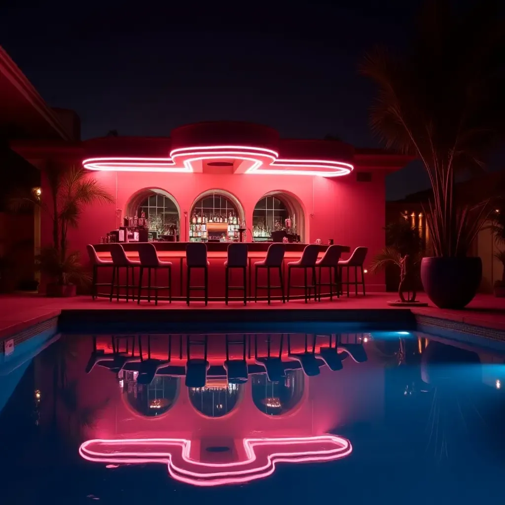 a photo of a retro cocktail bar by the pool with neon lights