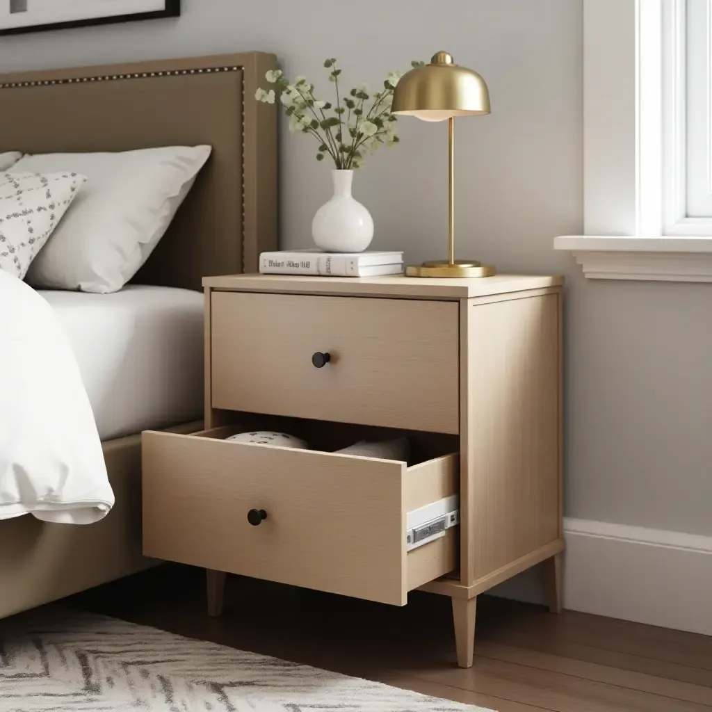 a photo of a compact nightstand with built-in drawers for organization