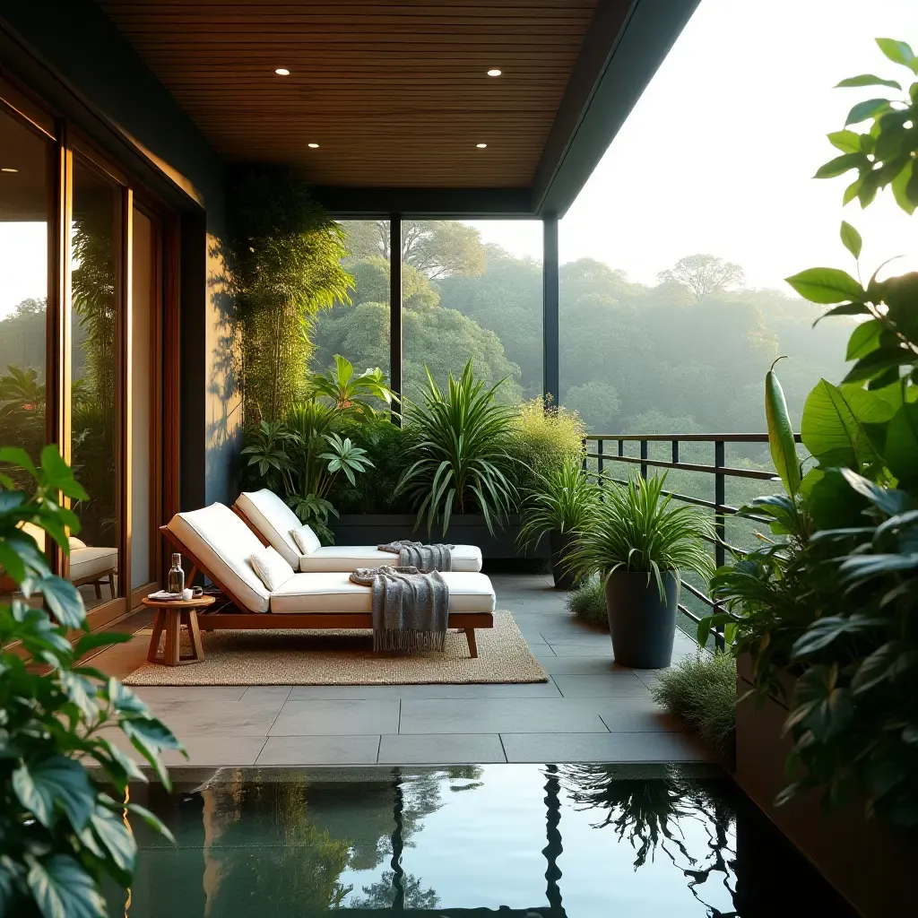 a photo of a luxurious balcony featuring a spa-like atmosphere with plants