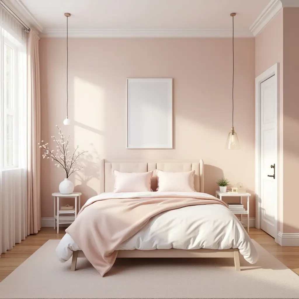 a photo of a chic girls&#x27; bedroom with elegant pastel colors and decor