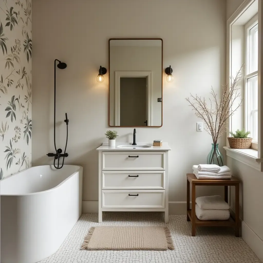 a photo of a bathroom showcasing a mix of vintage and modern elements harmoniously