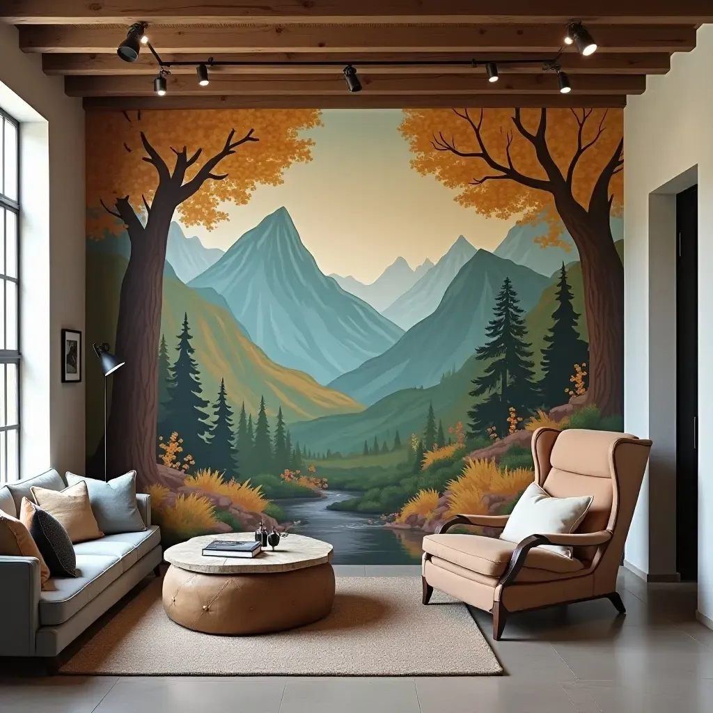 a photo of a basement gallery wall featuring a mural as the centerpiece