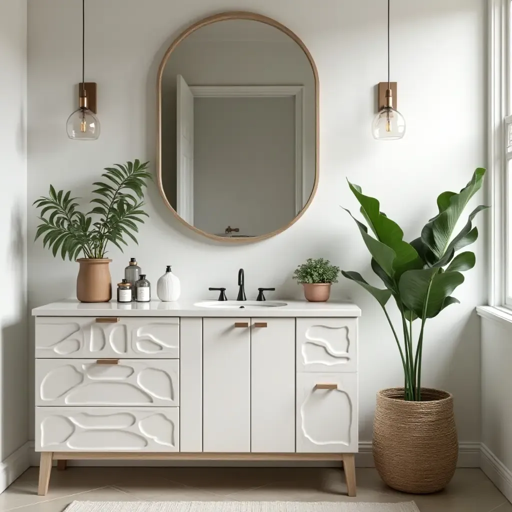 a photo of a bathroom vanity with a beautiful arrangement of plants and decor