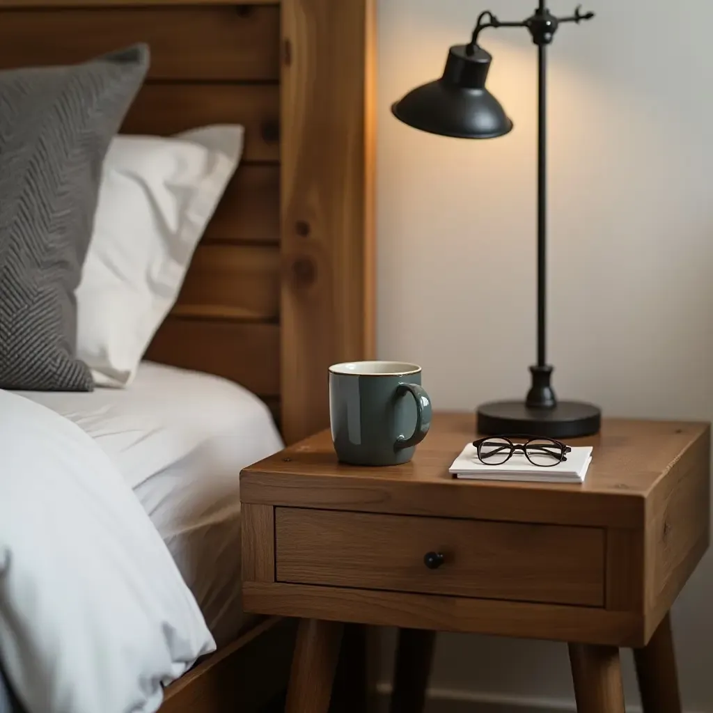 a photo of a rustic nightstand with wooden accents and a coffee mug