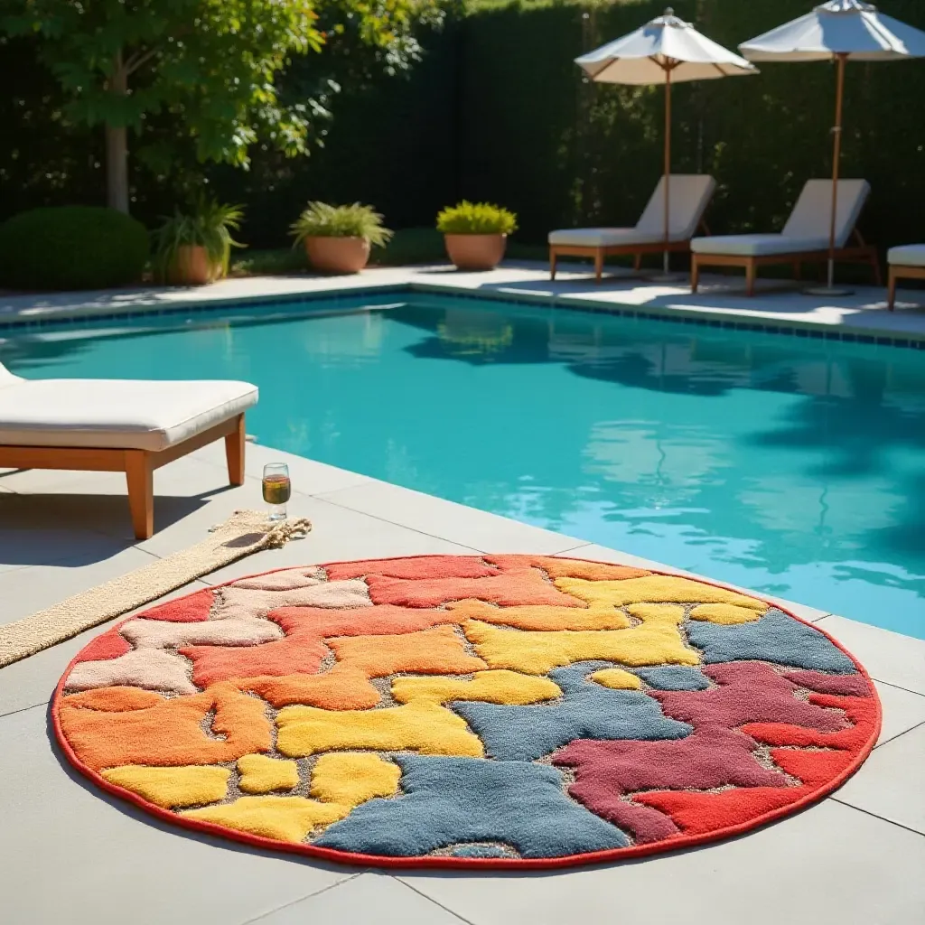 a photo of a vibrant geometric rug by the poolside