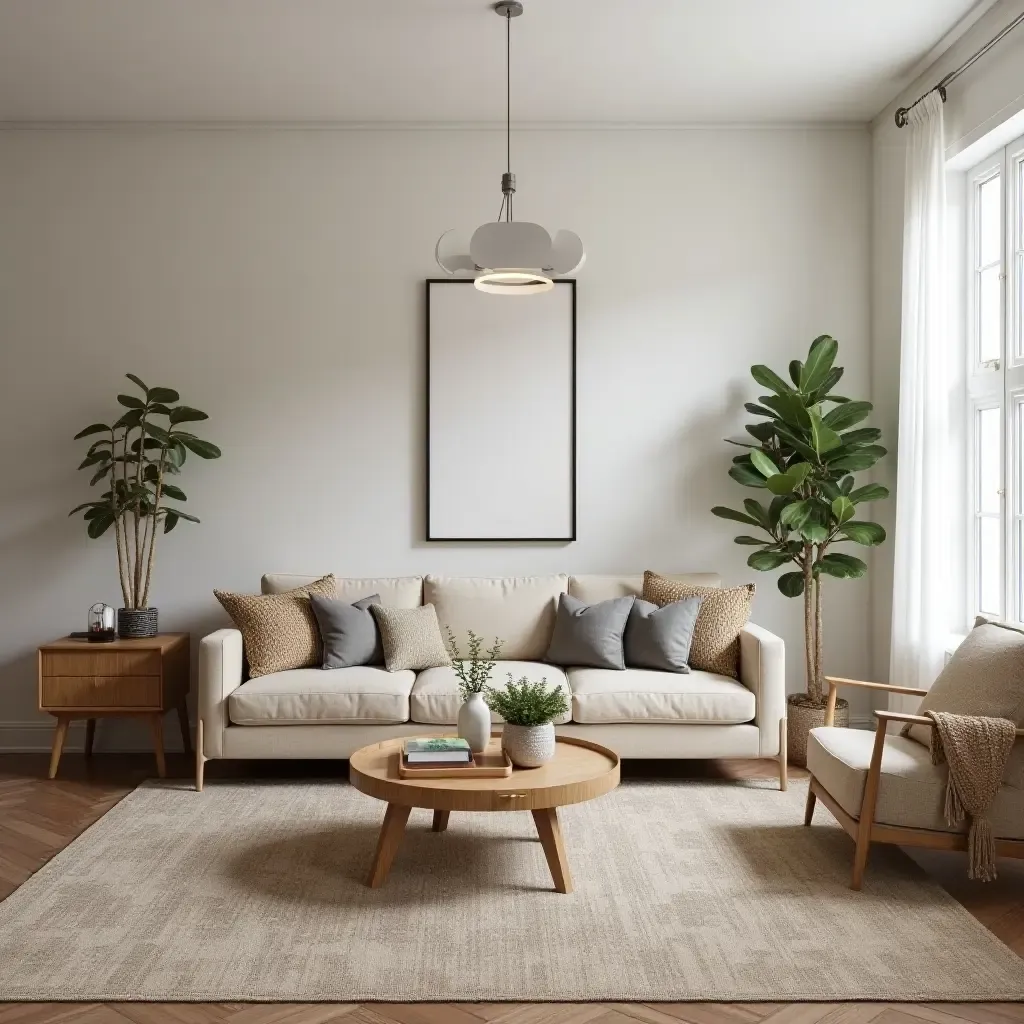 a photo of a stylish living room with a blend of farmhouse and bohemian elements