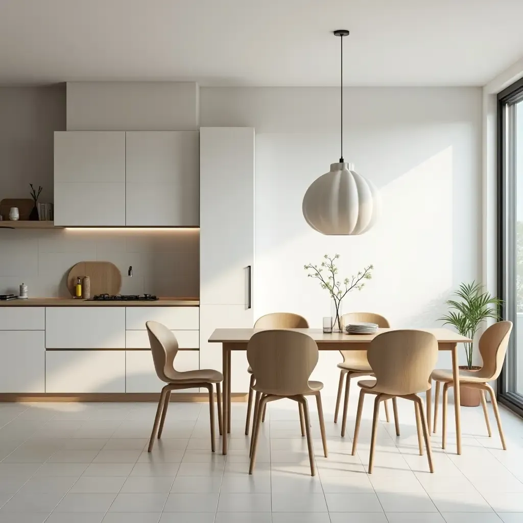 a photo of a functional kitchen with a minimalist dining table and chairs