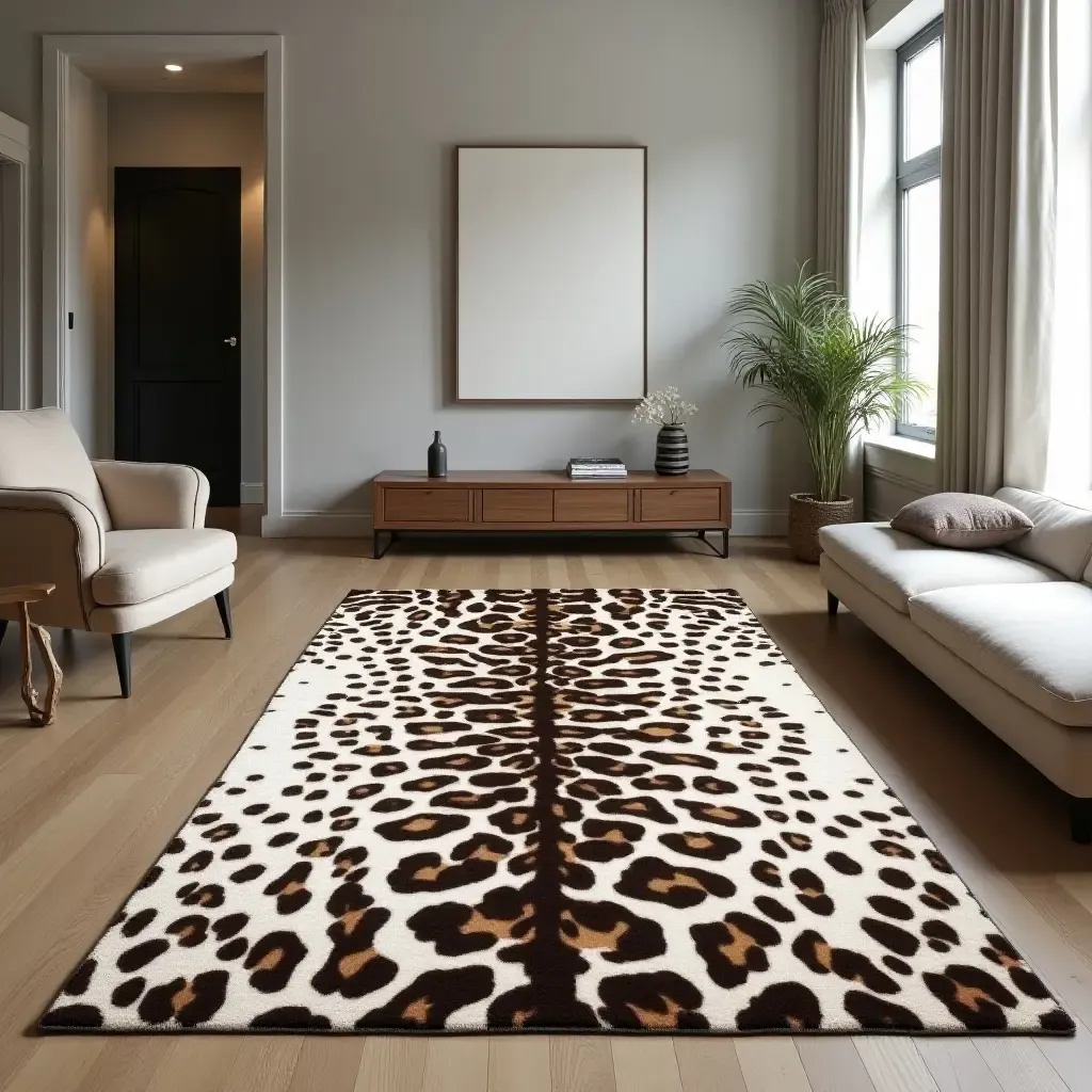 a photo of a bold animal print rug in a modern setting