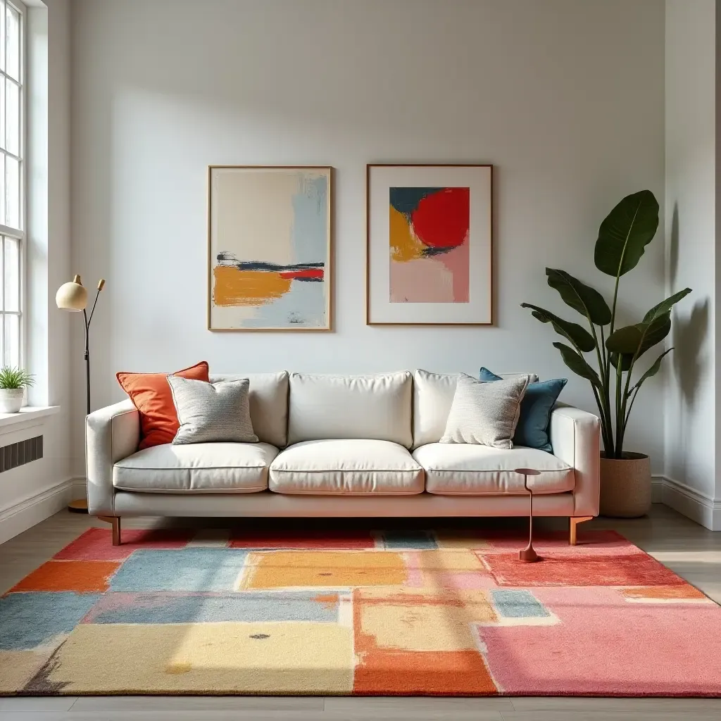 a photo of a colorful abstract rug in a modern decor setting