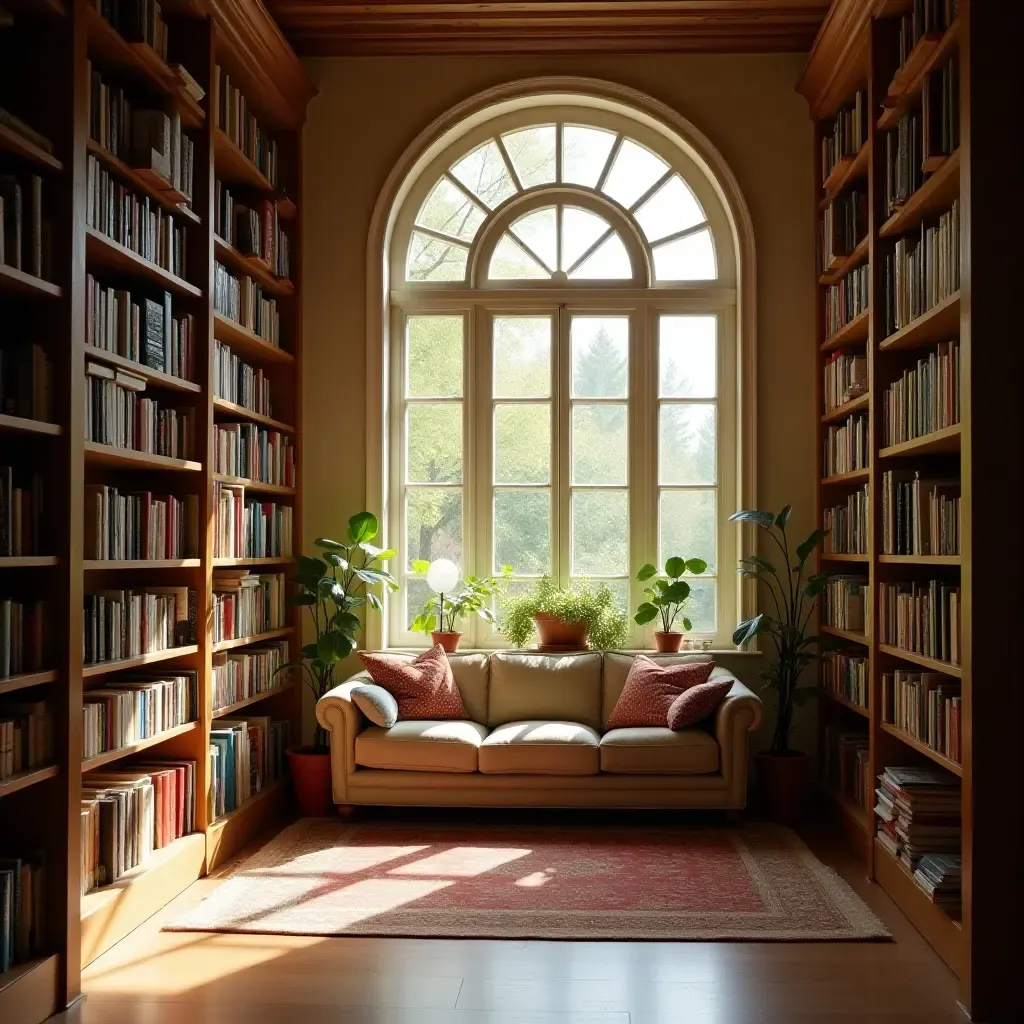 a photo of a library featuring a cozy, sun-drenched reading spot