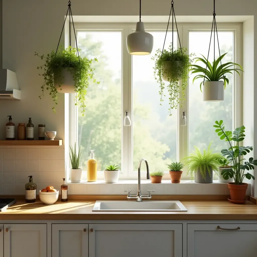 a photo of a sunny kitchen with hanging air plants