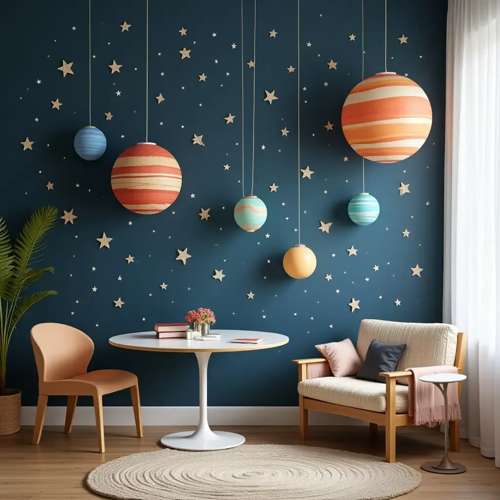 a photo of a playful space-themed decor with planets